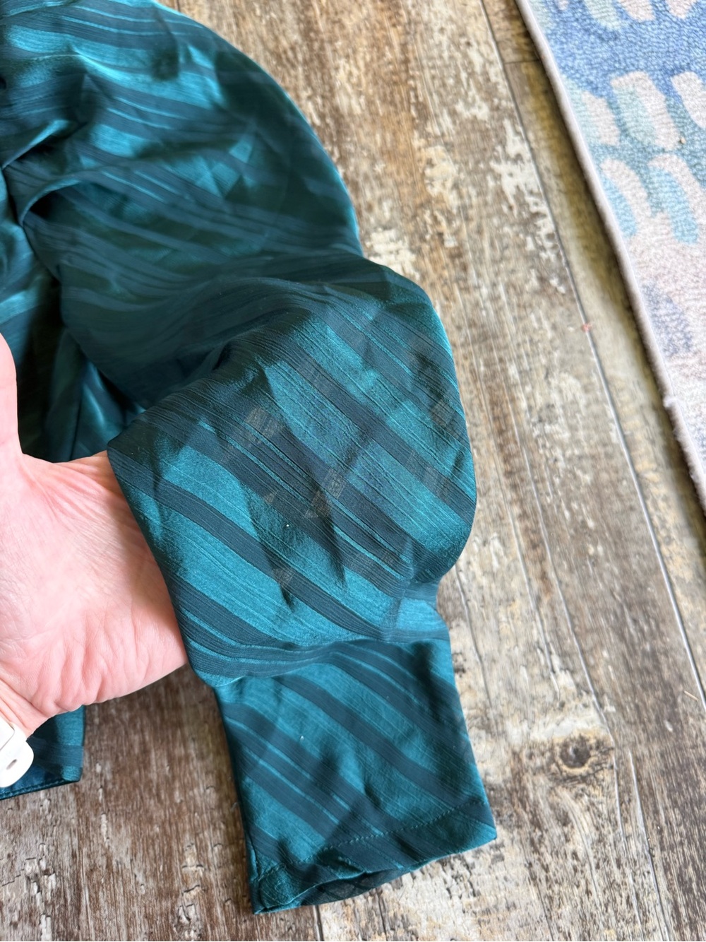 2 for $15 sale: DO+BE green asymmetrical one sleeve satin top - smocked waist - - Picture 4 of 5